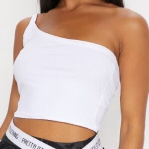 (2) white one shoulder cropped tops L= SHEIN M= PrettyLittleThing: fits M/L, EUC